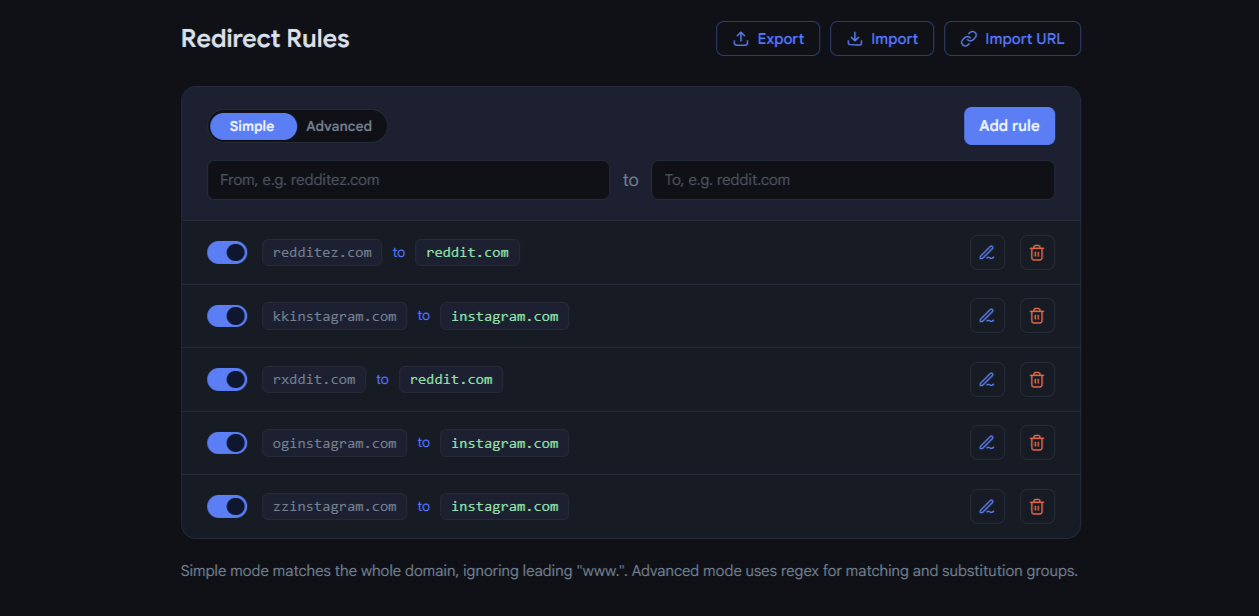 Simple URL Redirector full view
