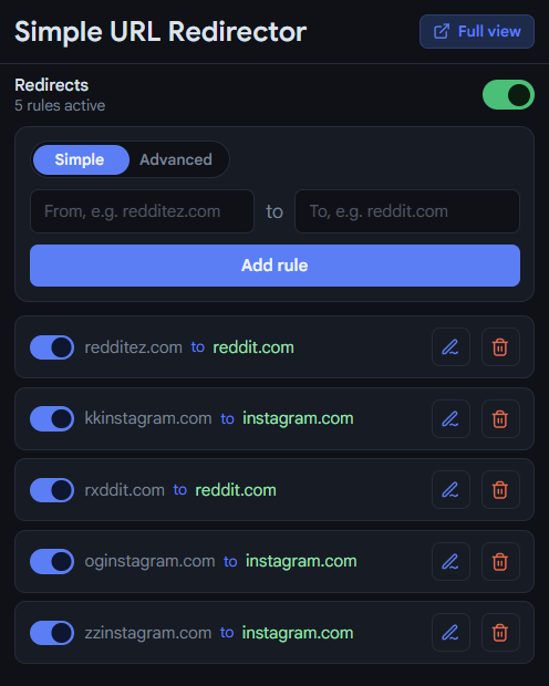 Simple URL Redirector popup and rule editor